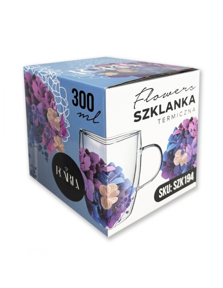 Cana 300 ml din sticla borosilicata, pereti dubli, model flori albastru-roz, in cutie cadou, JollyMag, SZK194