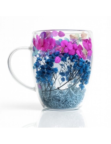 Cana 300 ml din sticla borosilicata, pereti dubli, model flori albastru-roz, in cutie cadou, JollyMag, SZK194