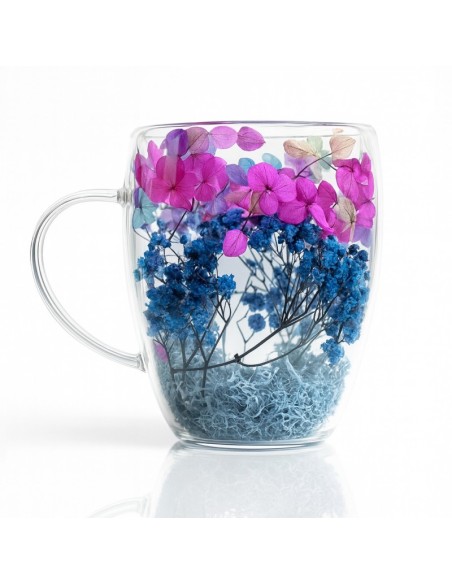 Cana 300 ml din sticla borosilicata, pereti dubli, model flori albastru-roz, in cutie cadou, JollyMag, SZK194