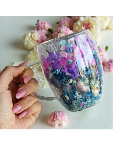 Cana 300 ml din sticla borosilicata, pereti dubli, model flori albastru-roz, in cutie cadou, JollyMag, SZK194