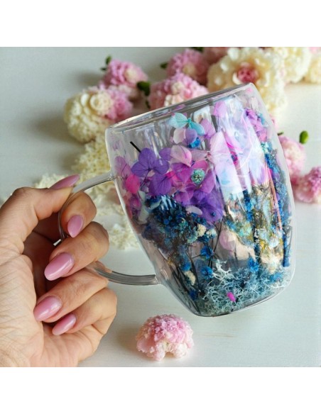 Cana 300 ml din sticla borosilicata, pereti dubli, model flori albastru-roz, in cutie cadou, JollyMag, SZK194