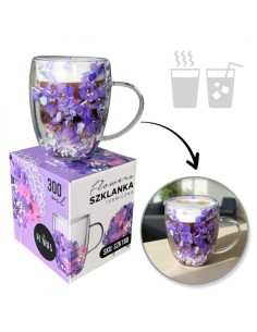 Cana 300 ml din sticla borosilicata, pereti dubli, model flori mov, in cutie cadou, JollyMag, SZK166