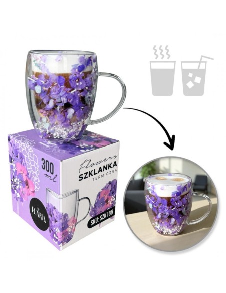 Cana 300 ml din sticla borosilicata, pereti dubli, model flori mov, in cutie cadou, JollyMag, SZK166