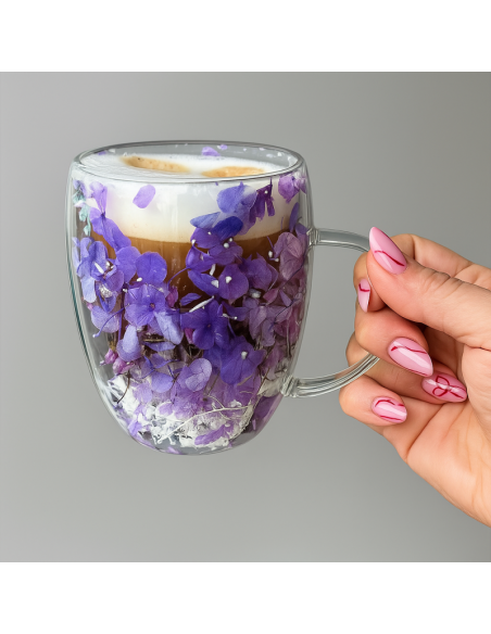 Cana 300 ml din sticla borosilicata, pereti dubli, model flori mov, in cutie cadou, JollyMag, SZK166