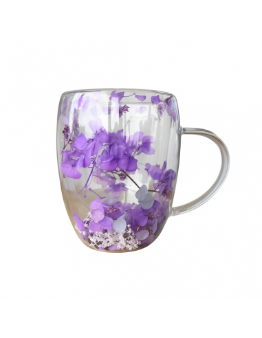 Cana 300 ml din sticla borosilicata, pereti dubli, model flori mov, in cutie cadou, JollyMag, SZK166