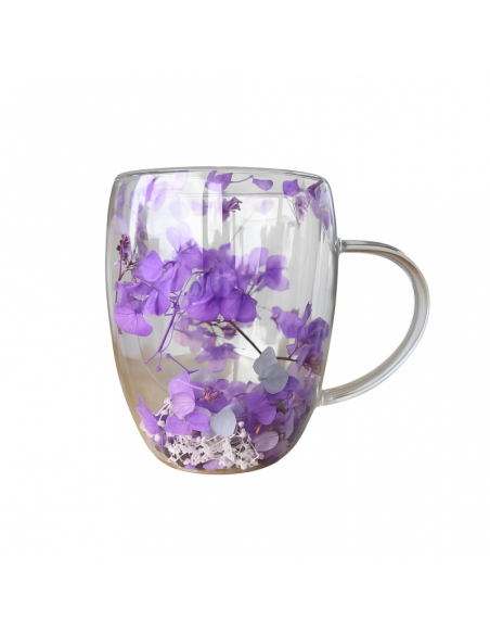 Cana 300 ml din sticla borosilicata, pereti dubli, model flori mov, in cutie cadou, JollyMag, SZK166