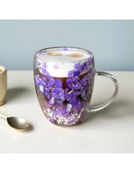 Cana 300 ml din sticla borosilicata, pereti dubli, model flori mov, in cutie cadou, JollyMag, SZK166