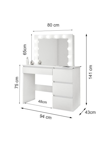 Masa de toaleta pentru machiaj, alba, cu oglinda, sertare si LED-uri, 94x43x141 cm, JollyMag, PHO4868