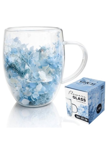 Cana 300 ml din sticla borosilicata, pereti dubli, model flori albastre, in cutie cadou, JollyMag, SZK206