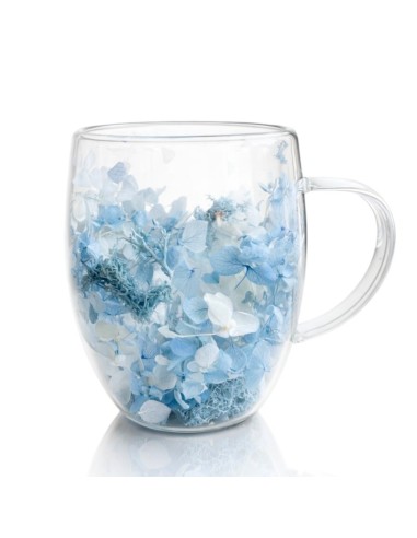 Cana 300 ml din sticla borosilicata, pereti dubli, model flori albastre, in cutie cadou, JollyMag, SZK206