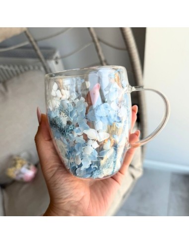 Cana 300 ml din sticla borosilicata, pereti dubli, model flori albastre, in cutie cadou, JollyMag, SZK206