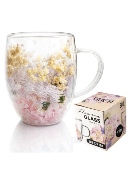 Cana 300 ml din sticla borosilicata, pereti dubli, model flori roz-galbene, in cutie cadou, JollyMag, SZK207