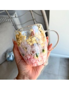 Cana 300 ml din sticla borosilicata, pereti dubli, model flori roz-galbene, in cutie cadou, JollyMag, SZK207 2