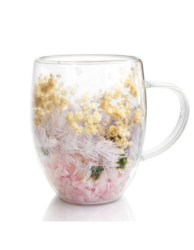 Cana 300 ml din sticla borosilicata, pereti dubli, model flori roz-galbene, in cutie cadou, JollyMag, SZK207