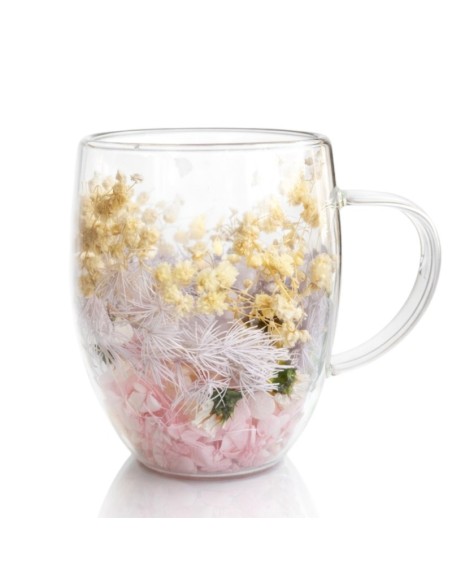 Cana 300 ml din sticla borosilicata, pereti dubli, model flori roz-galbene, in cutie cadou, JollyMag, SZK207